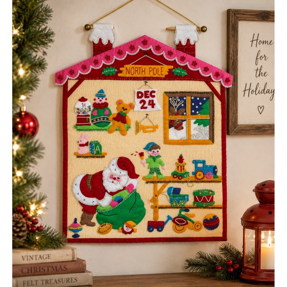 Vintage 1970s Bucilla Jeweled Santa's Workshop Felt Sequin Wall Hanging Complete